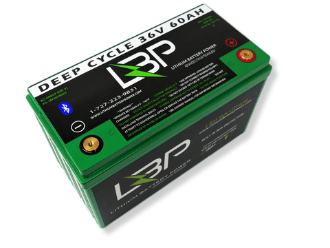 LBP 36V 60Ah BT Lithium Battery with Bluetooth monitoring and deep cycle functionality, featuring black and green casing with clear Lithium Battery Power branding