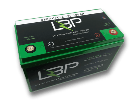 LBP 12V 100Ah Lithium Battery in green and black casing, showing brand logo and terminal posts — ideal deep cycle 12V lithium battery for boats, campers, and solar power systems