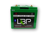 36V 120Ah LBP BT Lithium Battery with green casing, branded label, and M8 terminals, designed for high-performance deep cycle use – Lithium Battery Power, LLC.