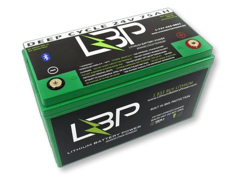 LBP 24V 75Ah Bluetooth Lithium Ion Battery with green casing and labeled features, ideal for deep cycle applications.