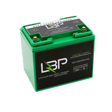LBP 12V 35Ah Lithium Battery featuring compact green and black casing, ideal for trolling motors, campers, and portable power setups – Lithium Battery Power, LLC.