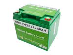 LBP 12V 50Ah ECO Lithium Battery with compact green design and black label, ideal for solar systems, campers, and portable power solutions – Lithium Battery Power, LLC.