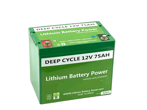 LBP 12V 75Ah ECO Lithium Battery with green casing and bold branding, ideal for marine, RV, and solar storage applications – Lithium Battery Power, LLC.