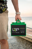LBP 12V 35Ah Lithium Battery featuring compact green and black casing, ideal for trolling motors, campers, and portable power setups – Lithium Battery Power, LLC.