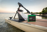 LBP 12V 35Ah Lithium Battery featuring compact green and black casing, ideal for trolling motors, campers, and portable power setups – Lithium Battery Power, LLC.